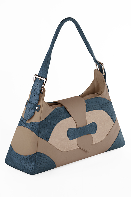 Tan beige and denim blue women's dress handbag, matching pumps and belts. Worn view - Florence KOOIJMAN